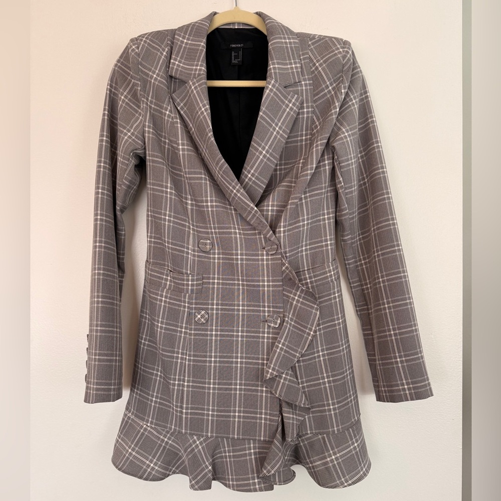 Forever 21 Plaid Ruffle Frint And Hem Double-Breasted Women's Jacket, Sz.S